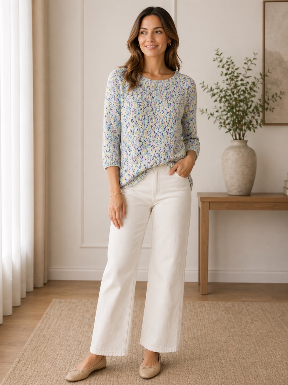 Talbots Pastel Speckled Knit Sweater Sz M Cotton Blend 3/4 Sleeve